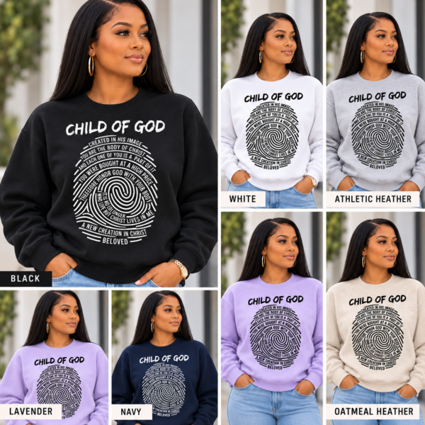 Child of God Christian Crewneck Sweatshirt, Fingerprint Bible Verse
