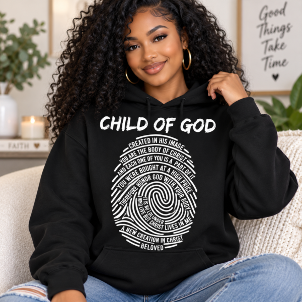 Child of God Christian Hoodie, Fingerprint Bible Verse