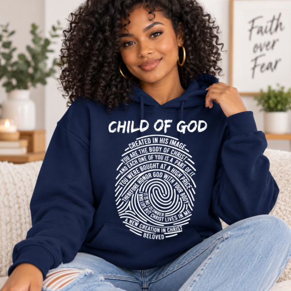 Child of God Christian Hoodie, Fingerprint Bible Verse