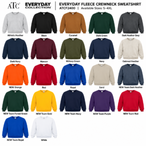 ATC Everyday Fleece crewneck sweatshirt colour chart showing available colours