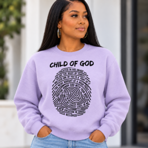 Child of God Christian Crewneck Sweatshirt, Fingerprint Bible Verse