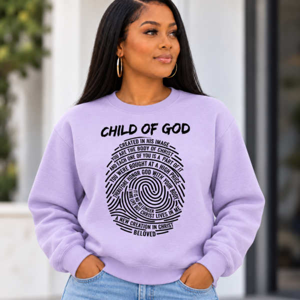 Child of God Christian Crewneck Sweatshirt, Fingerprint Bible Verse